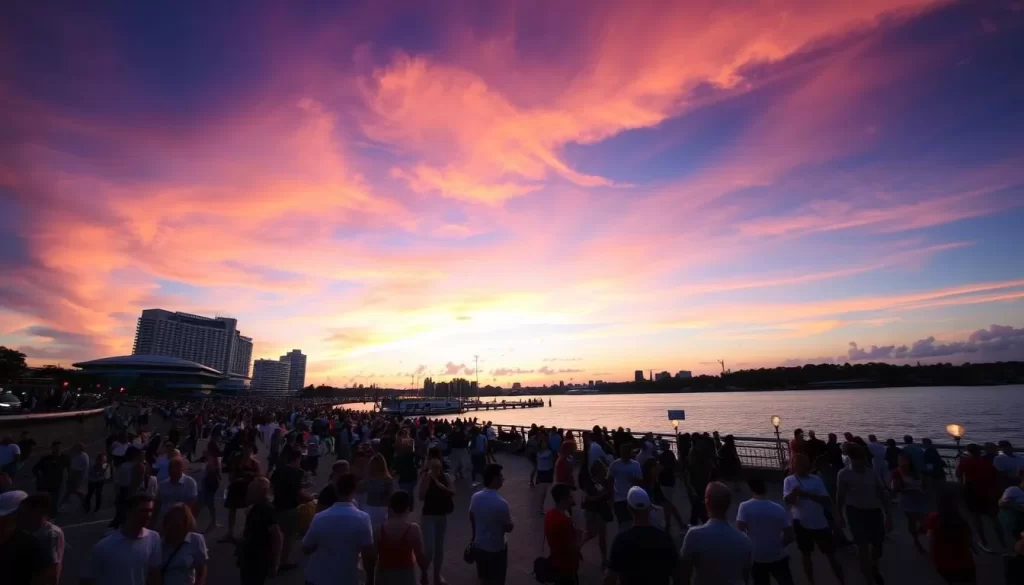 Generate an image of Taman Esplanade at sunset, highlighting its scenic riverside views and lively atmosphere.
