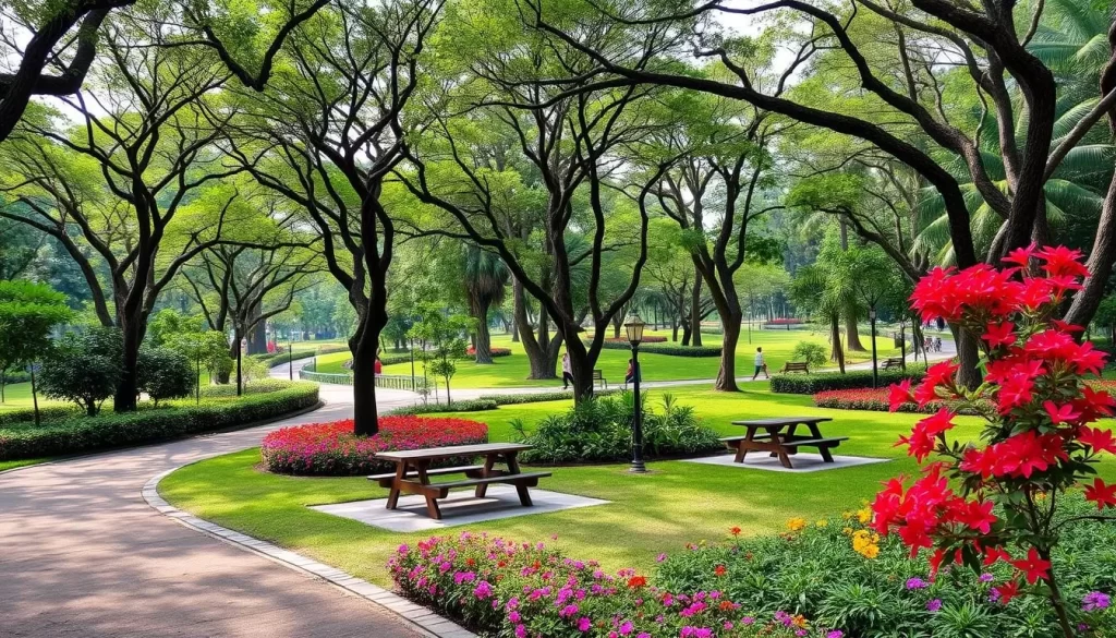 Generate an image of Taman Rakyat Klang park with walking trails and picnic areas