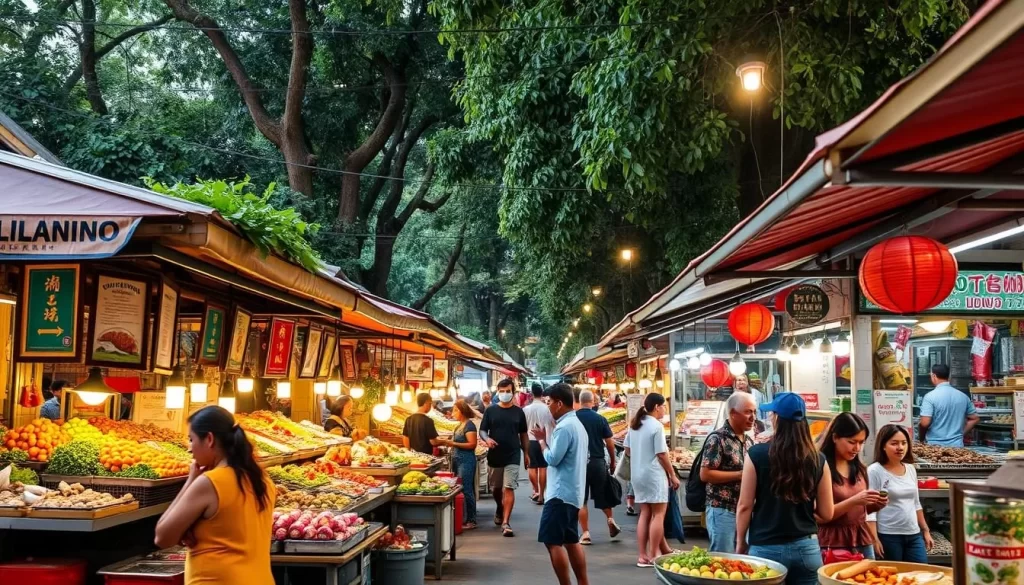 Generate an image of Tamarind Market, showcasing its relaxed atmosphere and variety of food stalls.