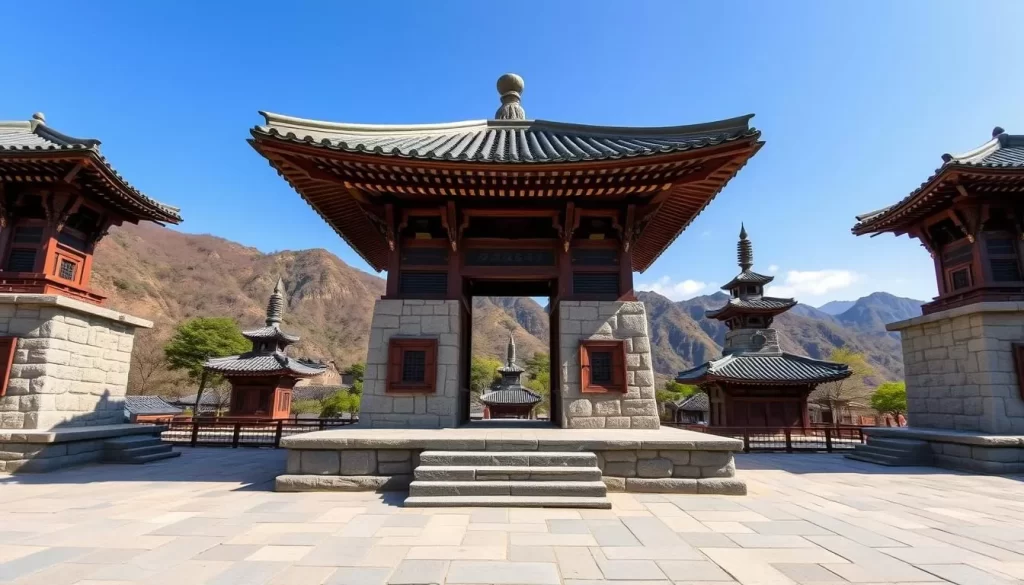 Generate an image of Tapsa Temple's unique stone pagodas amidst the natural beauty of Maisan, South Korea.