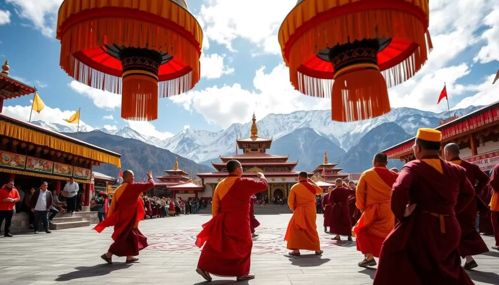 Generate an image of Tawang Monastery during the Torgya Festival with monks performing sacred dances.