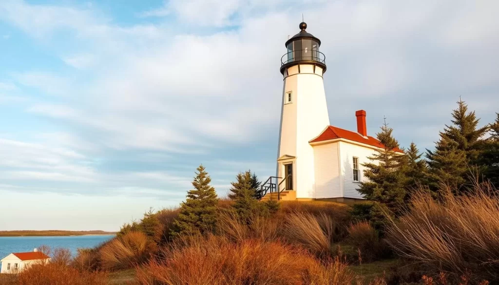 Generate an image of Tawas Point Lighthouse in Michigan, showcasing its distinctive architecture and beautiful surroundings.