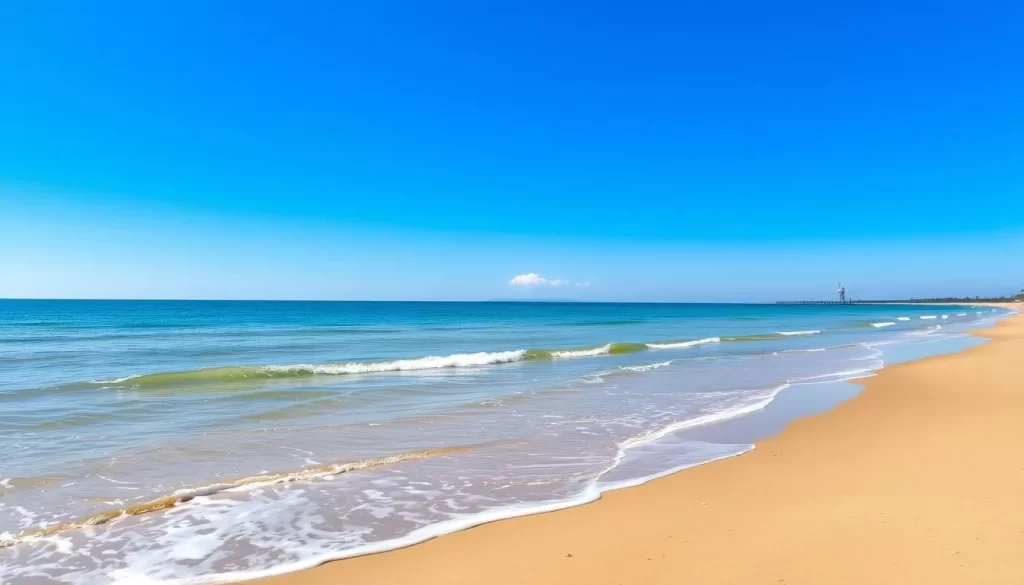 Generate an image of Tawas Point State Park's beach with soft sand and calm waters.