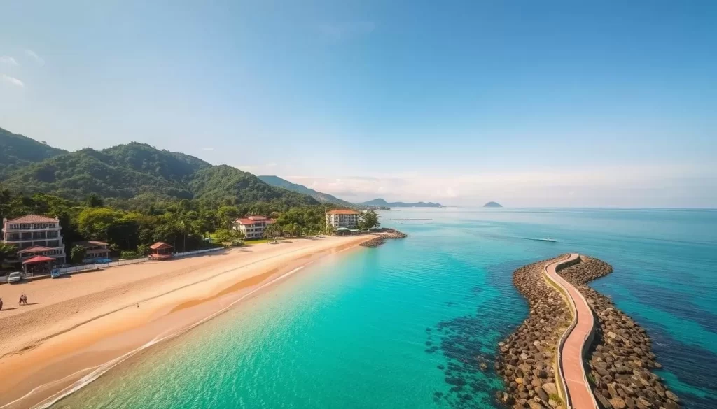 Generate an image of Teluk Chempedak Beach with its golden sands and clear waters, surrounded by amenities and a scenic coastal pathway.