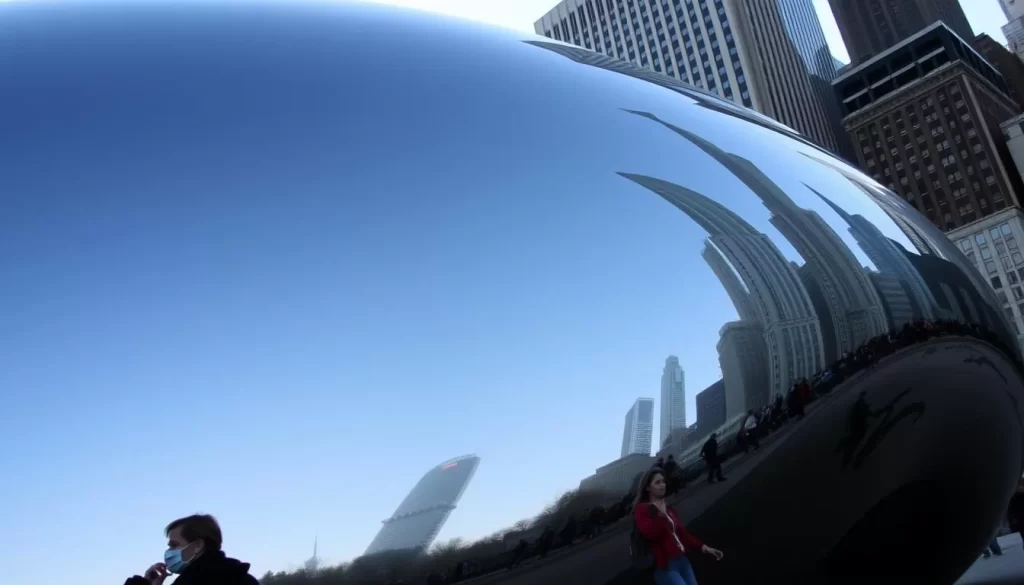 Generate an image of The Bean (Cloud Gate) in Millennium Park, Chicago, with a few early morning visitors.