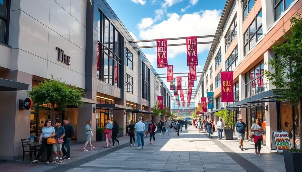 Generate an image of The Bellevue Collection, showcasing its modern architecture and vibrant atmosphere.