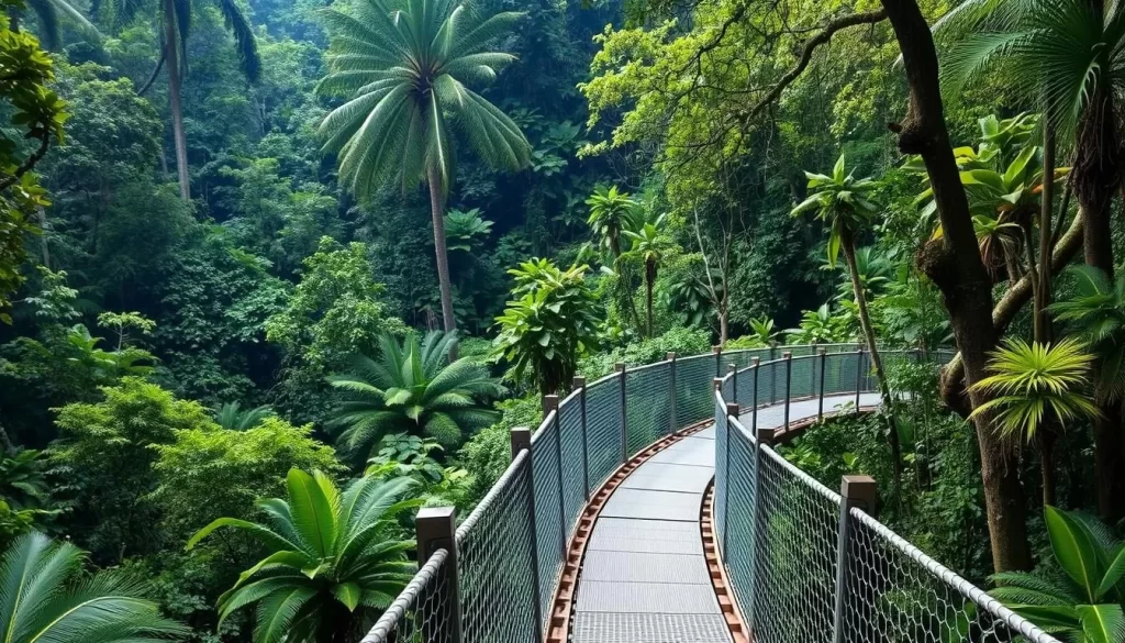 Generate an image of The Habitat Penang Hill, showcasing its lush rainforest and canopy walkways.