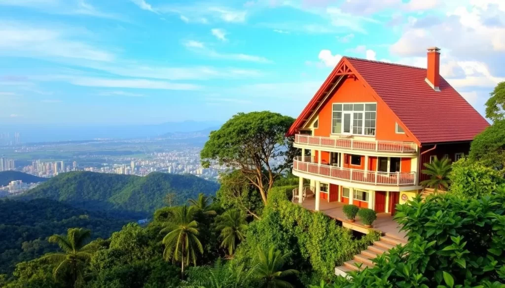 Generate an image of The Habitat Penang Hill with lush greenery and a panoramic view.