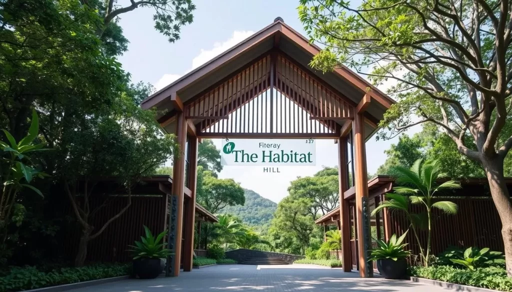 Generate an image of The Habitat Penang Hill's entrance, showcasing its natural surroundings and eco-friendly architecture.