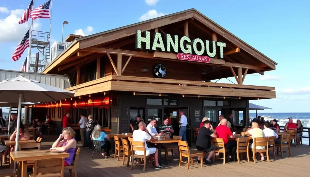 Generate an image of The Hangout restaurant near Foley, Alabama, with a lively atmosphere, outdoor seating, and live music.