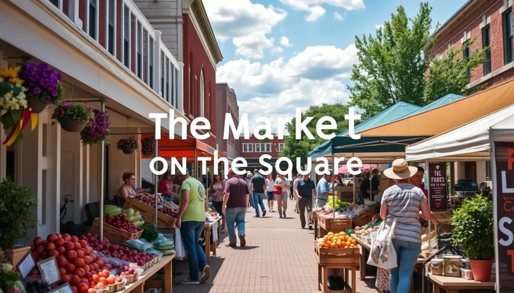 Generate an image of The Market on the Square in Cookeville, showcasing its vibrant atmosphere and variety of local goods.