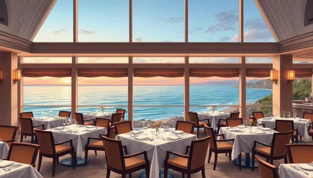 Generate an image of The National Hotel's dining area with ocean views.