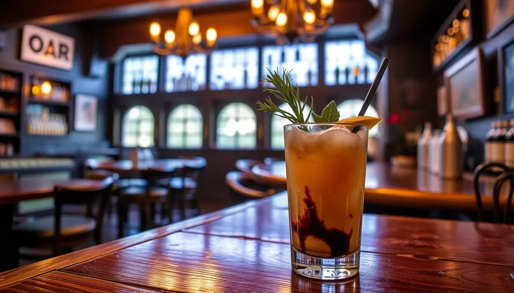 Generate an image of The Oar's bar area with a signature Mudslide cocktail.