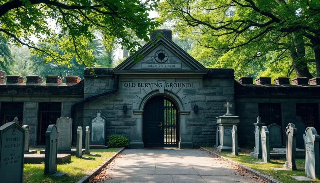 Generate an image of The Old Burying Ground's entrance, with its historic stone wall and old gravestones.