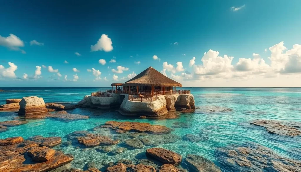 Generate an image of The Rock Restaurant in Zanzibar, perched on a coral outcrop in the Indian Ocean.