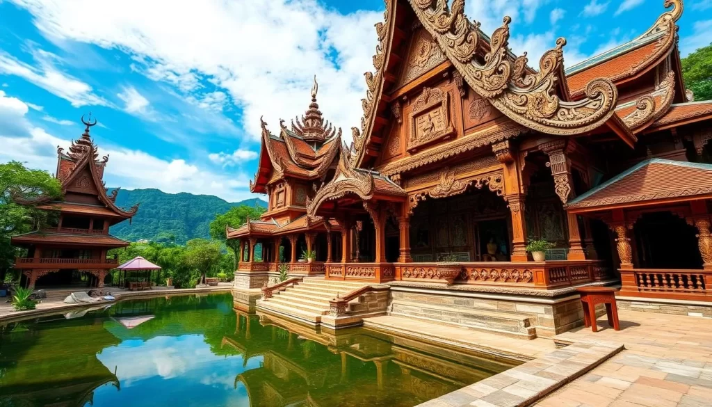 Generate an image of The Sanctuary of Truth in Pattaya, showcasing its intricate wooden carvings and imposing structure.