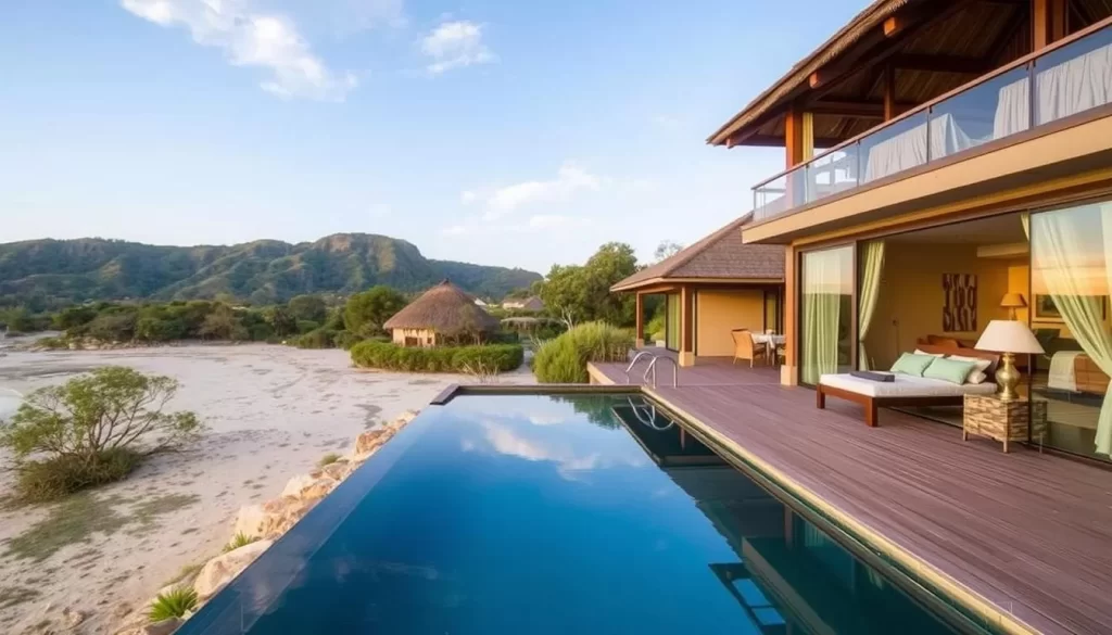 Generate an image of Thonga Beach Lodge, showcasing its serene surroundings and luxurious accommodations.