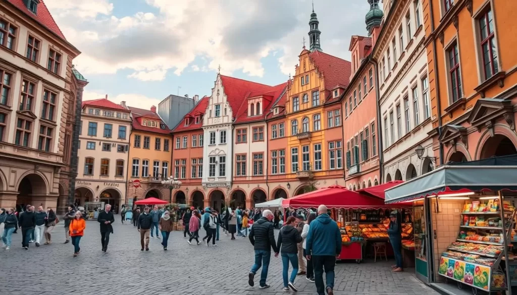 Generate an image of Toruń's Old Town Square, showcasing its medieval architecture and vibrant atmosphere.