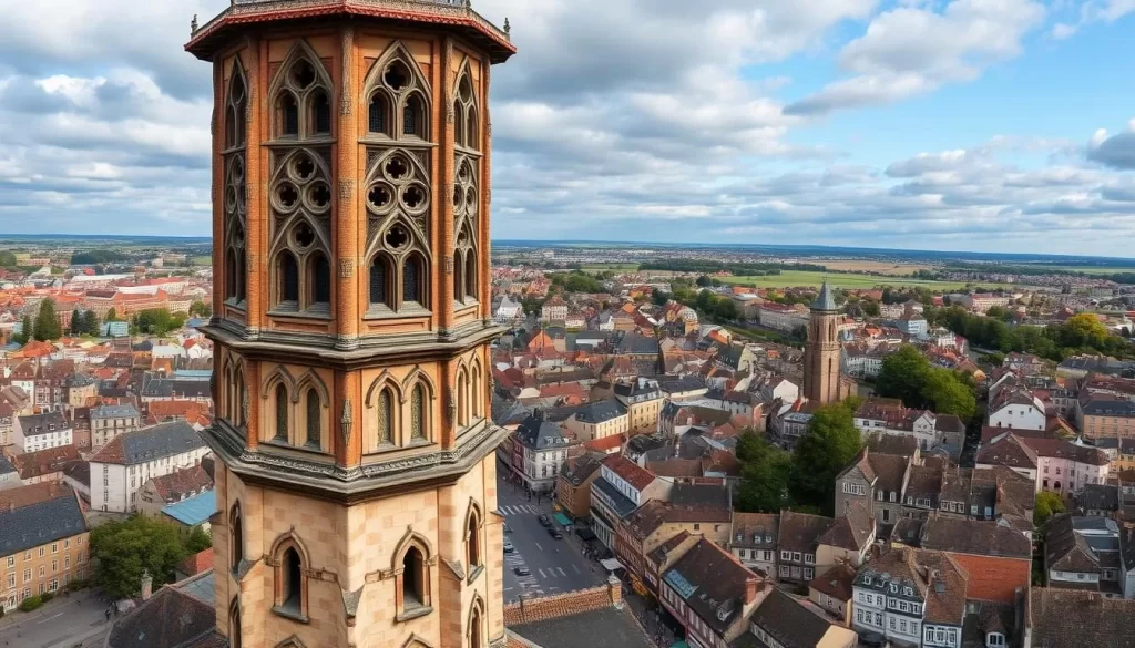 Generate an image of Tournai Belfry with a panoramic view of the city