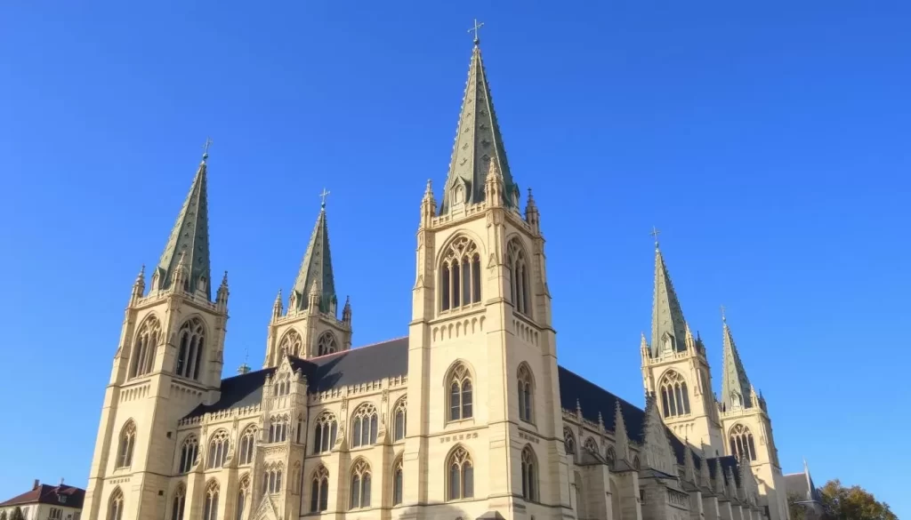 Generate an image of Tournai Cathedral with its distinctive five towers.