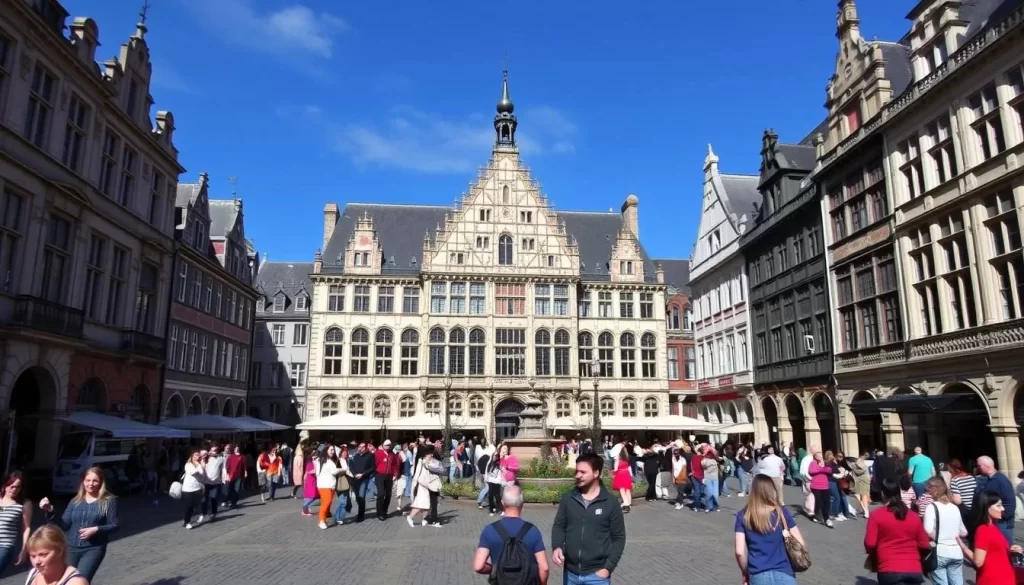 Generate an image of Tournai's Grand Place with its historic buildings and lively atmosphere