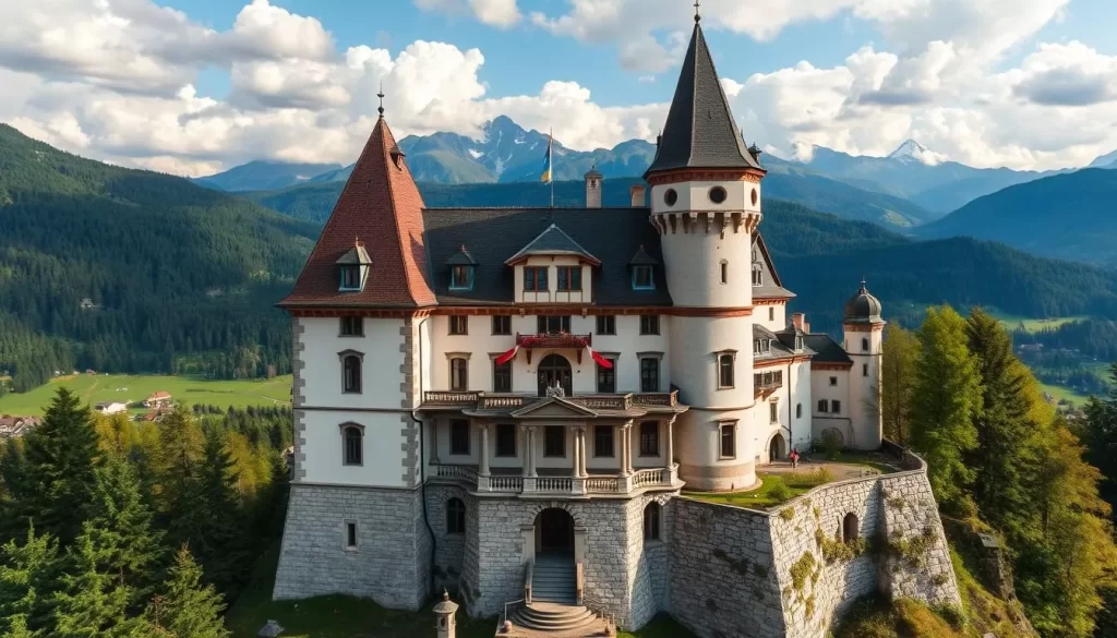 Generate an image of Tratzberg Castle's imposing facade amidst picturesque Alpine surroundings.