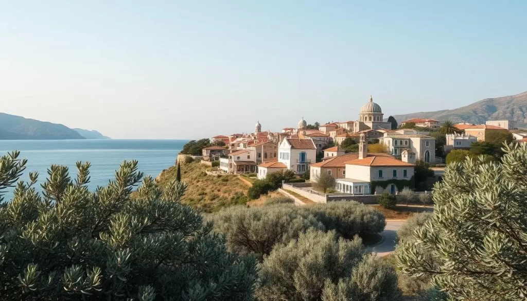 Generate an image of Trilye's scenic coastline with olive groves and historic Greek architecture.