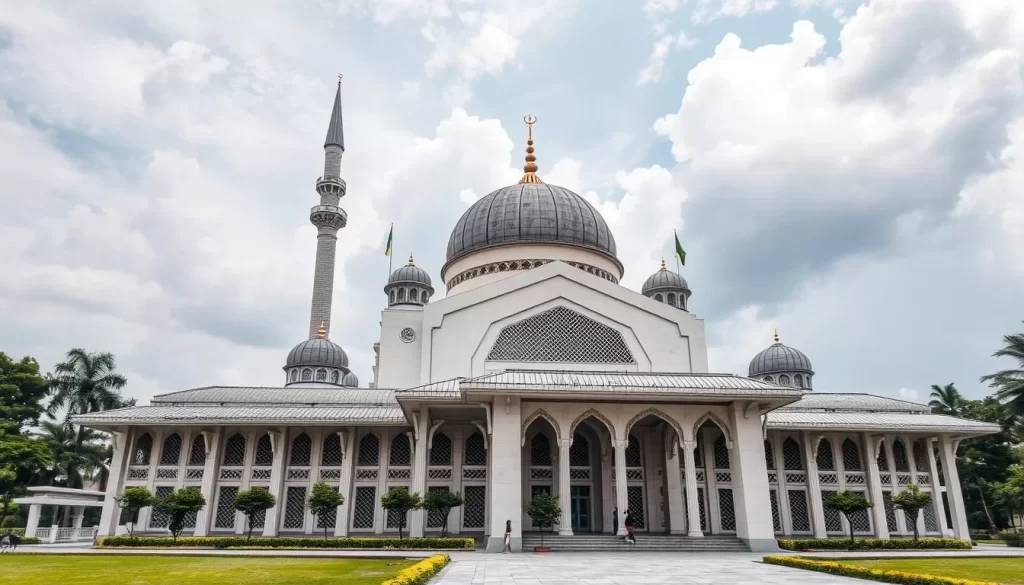 Generate an image of Tuanku Mizan Zainal Abidin Mosque, highlighting its steel mesh walls