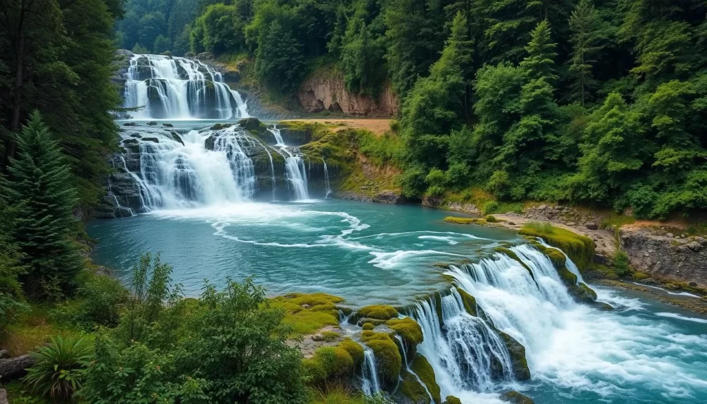 Generate an image of Turgut Waterfall with its cascading waters and surrounding forest.
