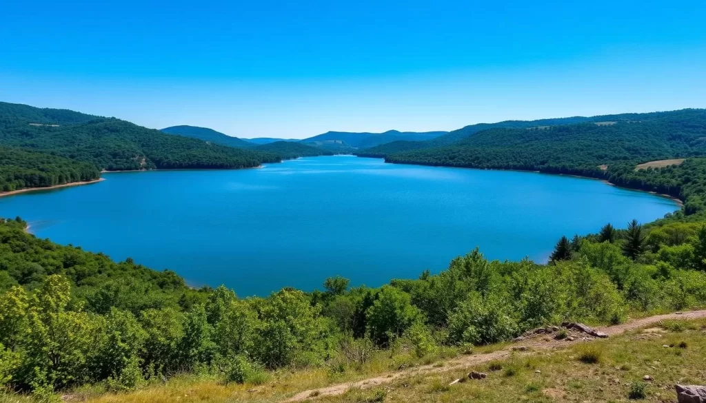 Generate an image of Tuttle Creek State Park with a lake and surrounding hills.