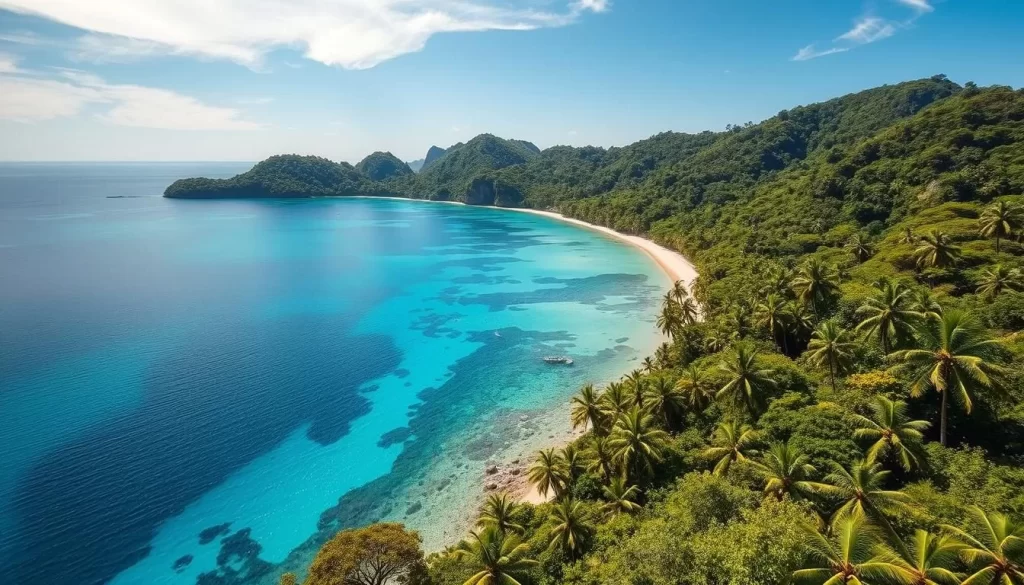 Generate an image of Udo Island's scenic coastline with clear blue waters and lush greenery.