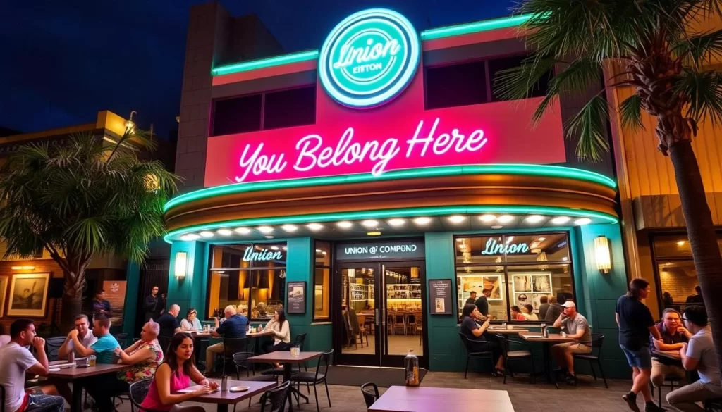Generate an image of Union @ Compound's art deco building with a "You Belong Here" neon sign and a mix of diners and art enthusiasts.