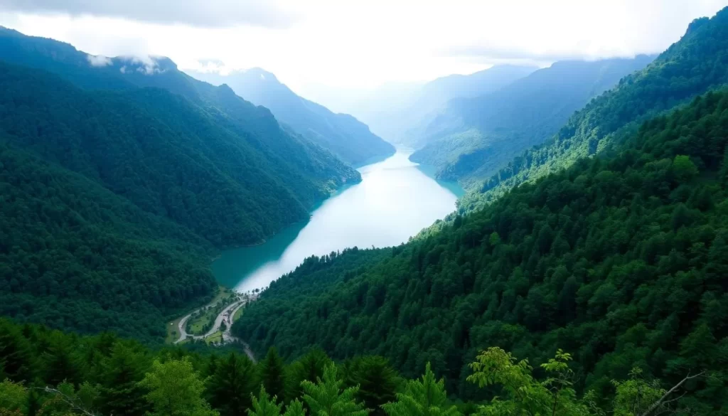 Generate an image of Uzungöl Lake surrounded by steep, forested mountain slopes.