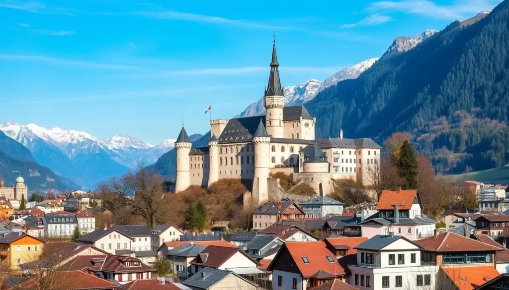 Generate an image of Vaduz cityscape with Vaduz Castle in the background