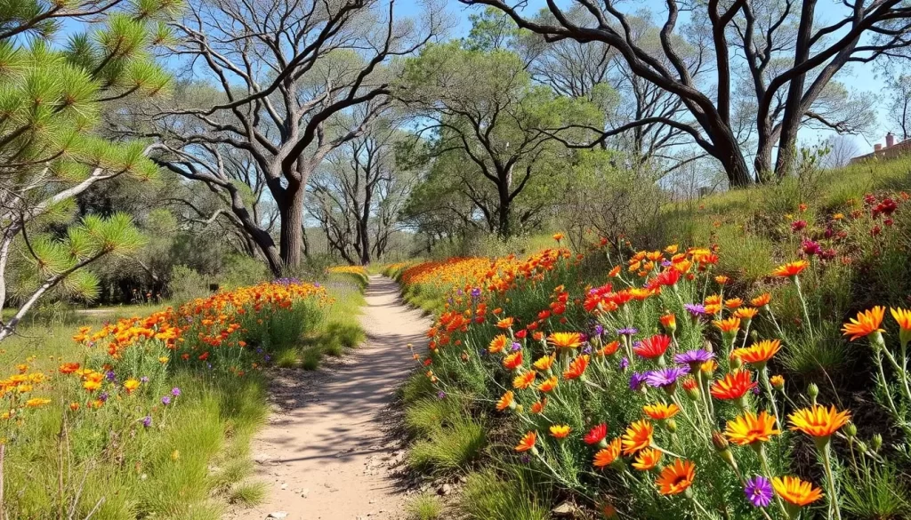 Generate an image of Van Stadens Wildflower Reserve's hiking trail through native trees and wildflowers.