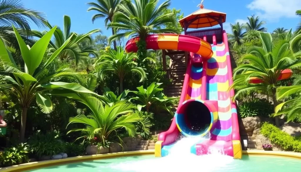 Generate an image of Vana Nava Water Jungle's main water slide surrounded by lush greenery.