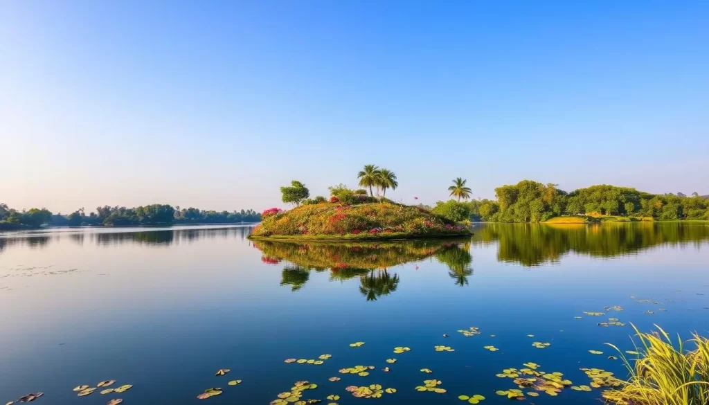 Generate an image of Vanganga Lake with an island garden in the background.