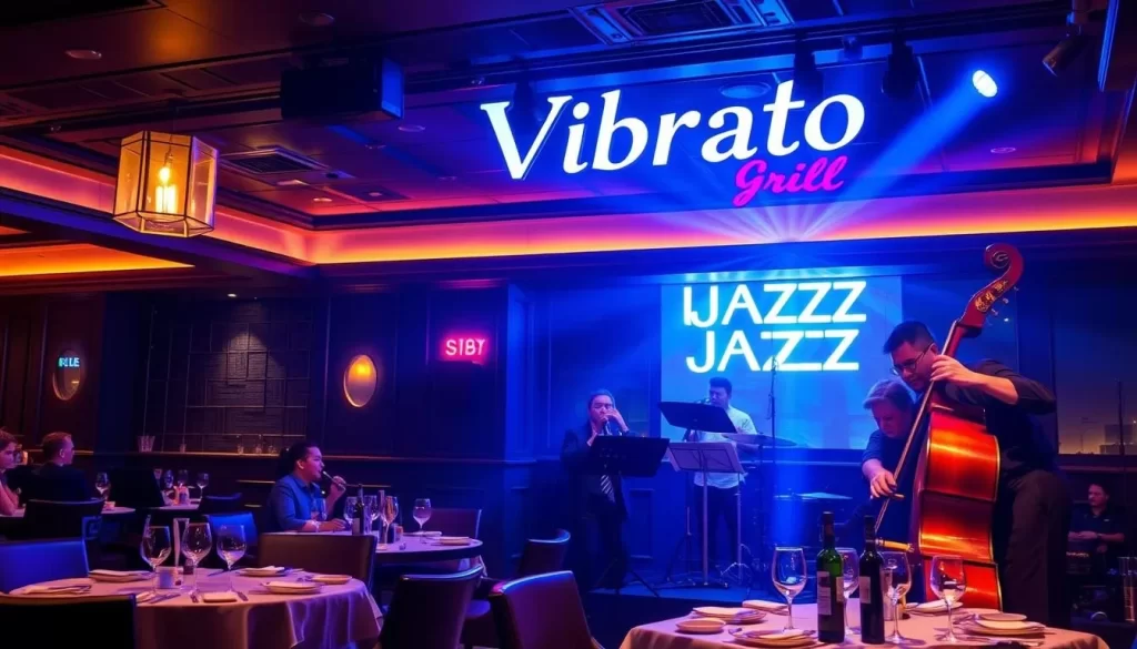 Generate an image of Vibrato Grill Jazz, showcasing its elegant decor and a live jazz performance.