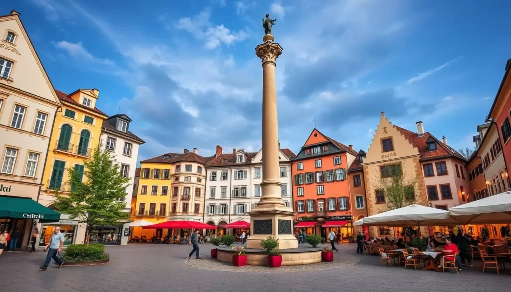 Generate an image of Villach's historic Main Square with its Trinity Column and charming cafes.