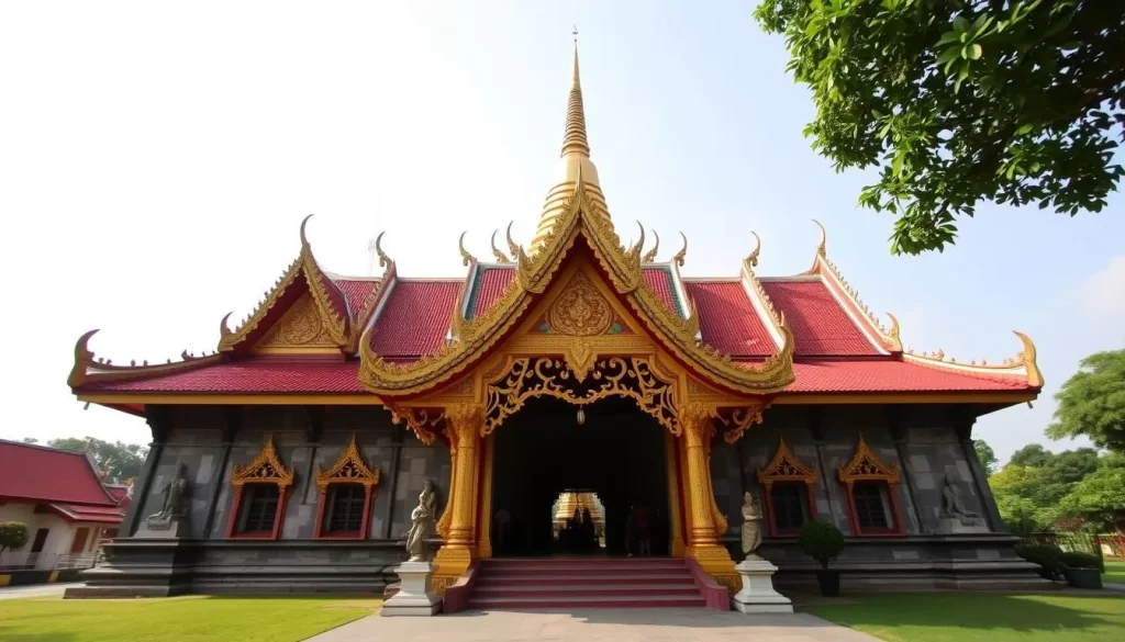 Generate an image of Wat Ban Tham, featuring its entrance through a dragon's mouth and a golden pagoda at the summit.
