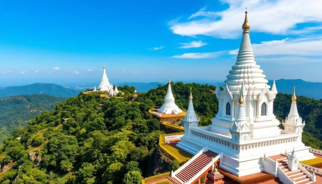 Generate an image of Wat Chaloem Phra Kiat's white pagodas on the mountain peak.