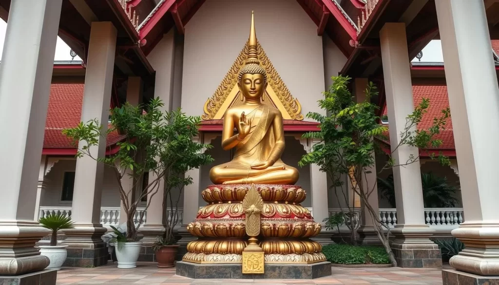 Generate an image of Wat Hua Hin, highlighting the revered Buddha statue in the "Subduing Mara" posture.