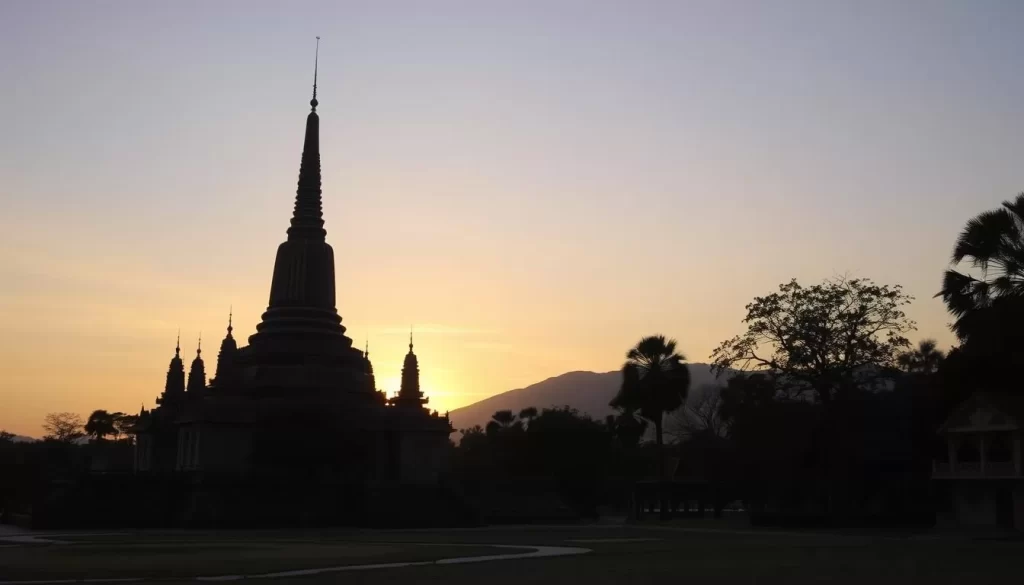 Generate an image of Wat Mahathat at sunrise, highlighting its majestic chedi and serene surroundings.