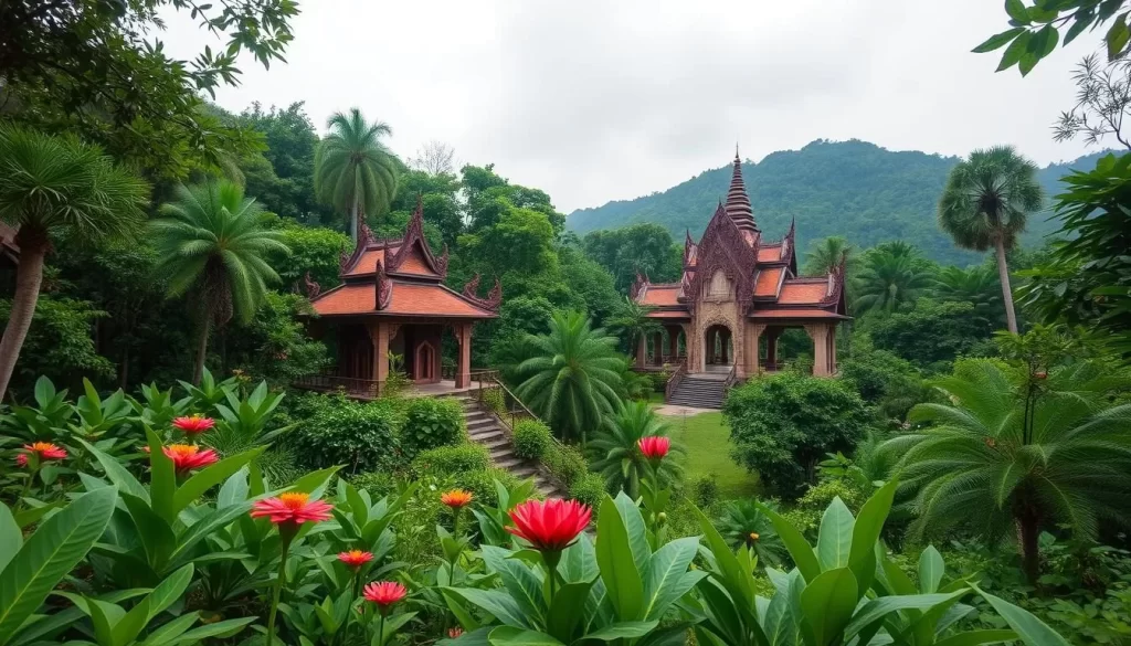 Generate an image of Wat Pha Lat's serene jungle surroundings