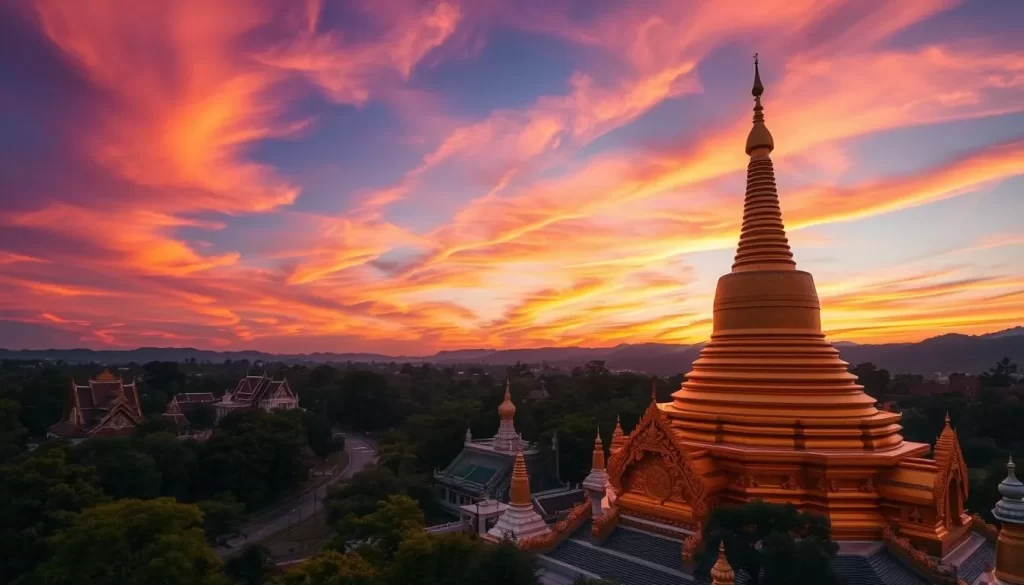Generate an image of Wat Phra That Doi Suthep's golden stupa at sunset