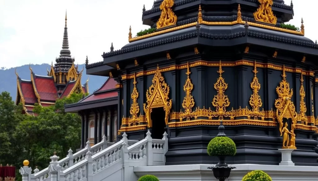 Generate an image of Wat Phra That Lampang Luang's iconic black and gold pagoda.