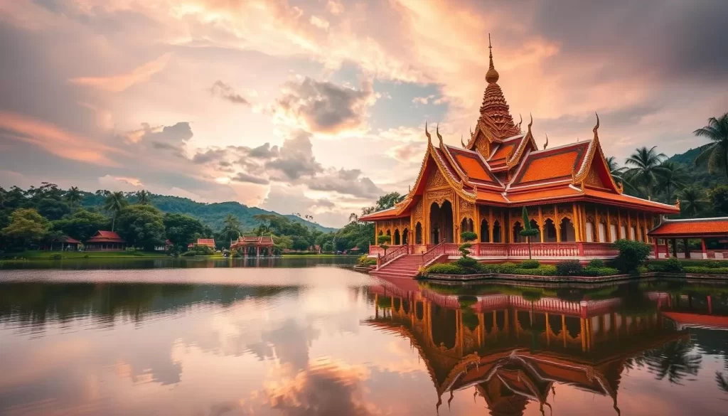 Generate an image of Wat Plai Laem temple complex on Koh Samui, showcasing its colorful architecture and serene lake surroundings.