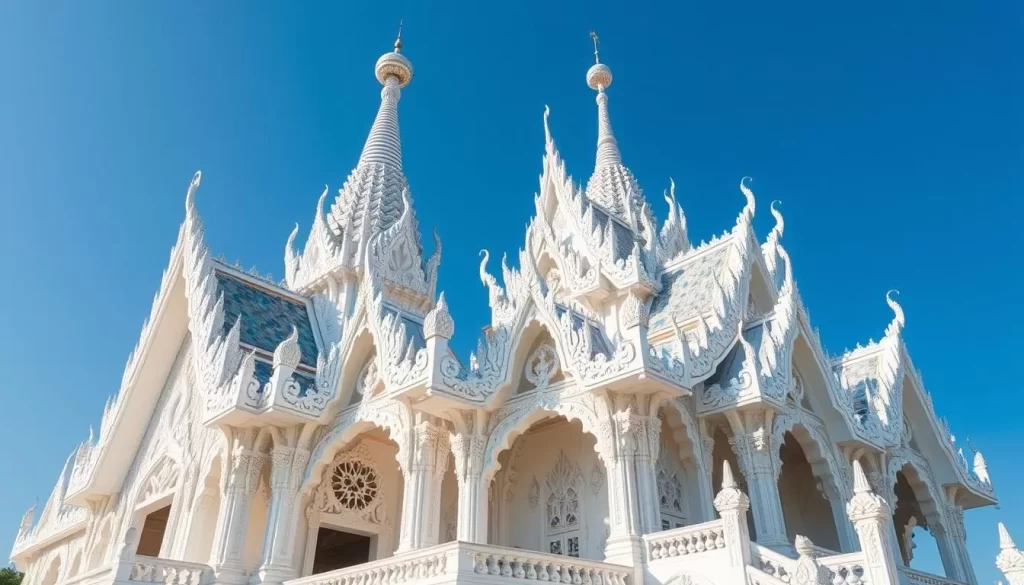 Generate an image of Wat Rong Khun, showcasing its white structure and mirrored glass fragments.