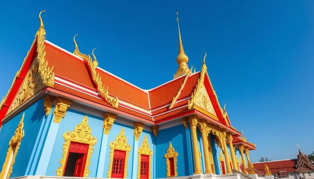 Generate an image of Wat Rong Suea Ten, showcasing its vibrant blue exterior and golden accents.