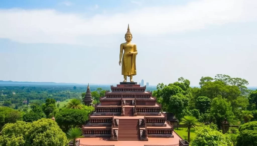 Generate an image of Wat Saphan Hin, perched atop a 200-meter hill in the western zone of Sukhothai Historical Park, with a standing Buddha statue in the foreground.